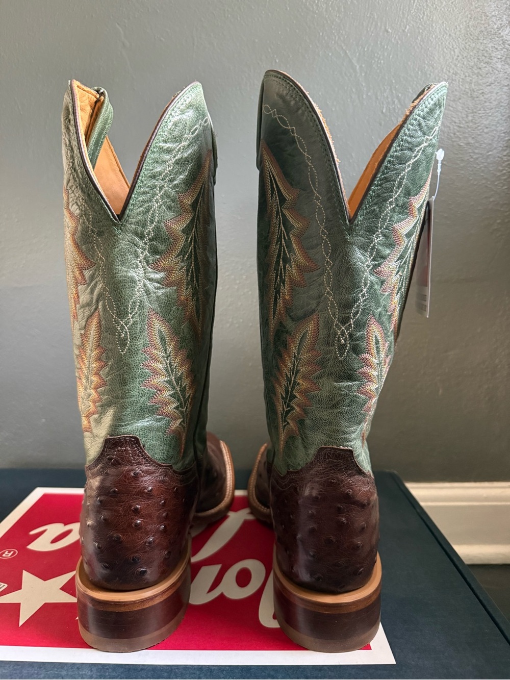 Tony Lama Brown Ostrich Western Boots with Green Embroidered Shaft - Picture 3 of 9